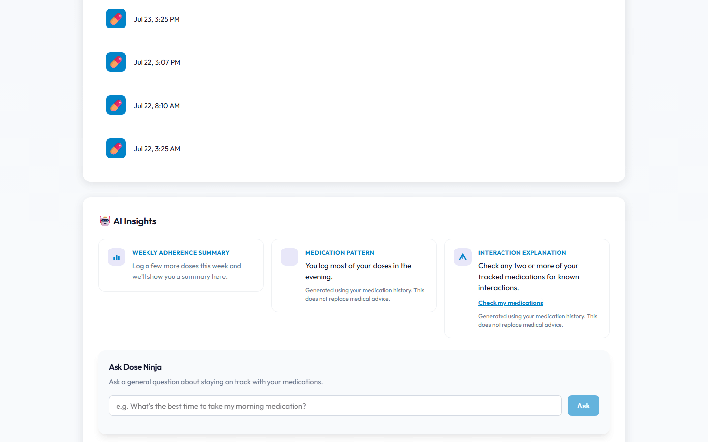 AI Insights screen in Dose Ninja, showing real sample data